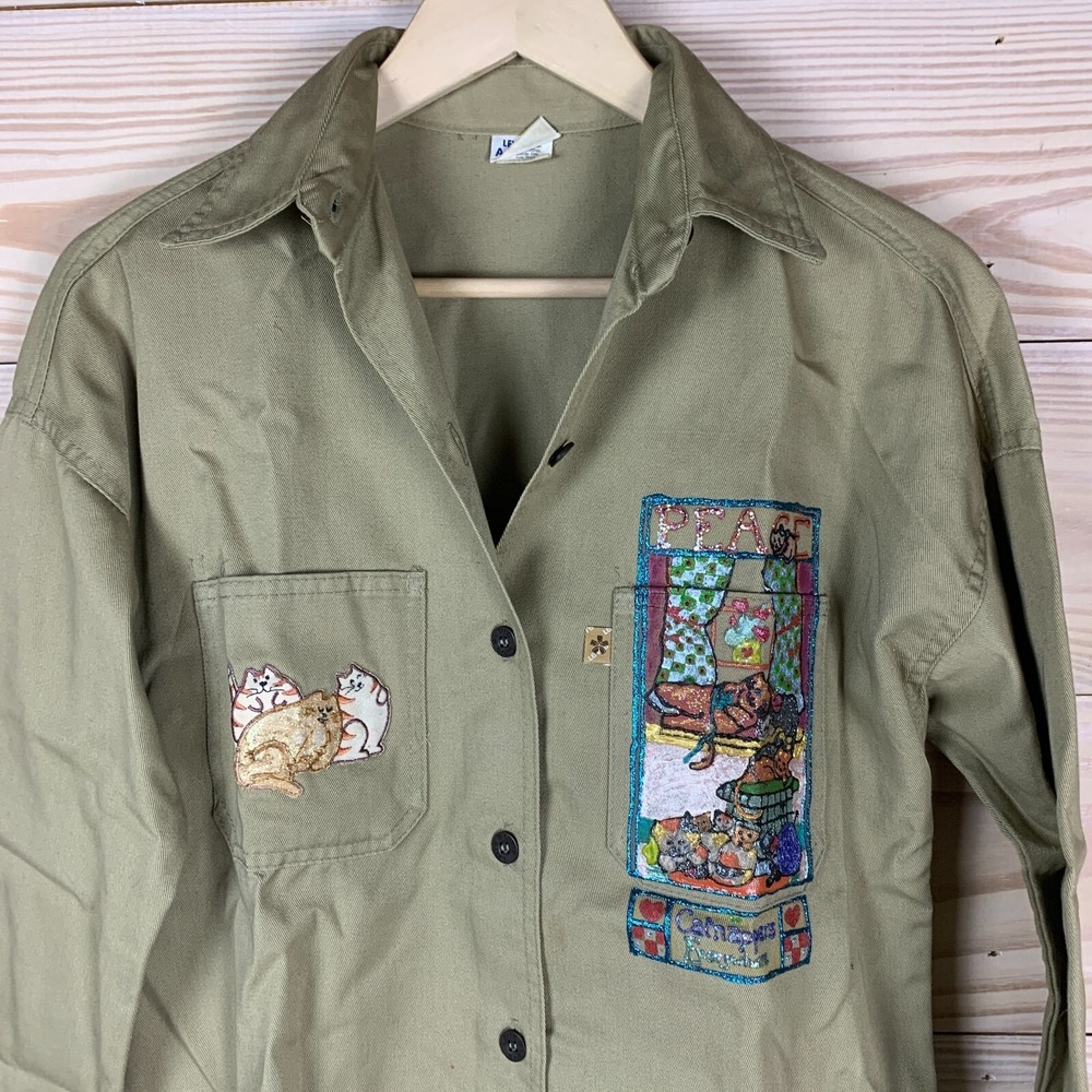 Vtg 70s Levis Asterisks Jacket Craftcore Puff Paint Cat Lady Peace Grunge Safari
